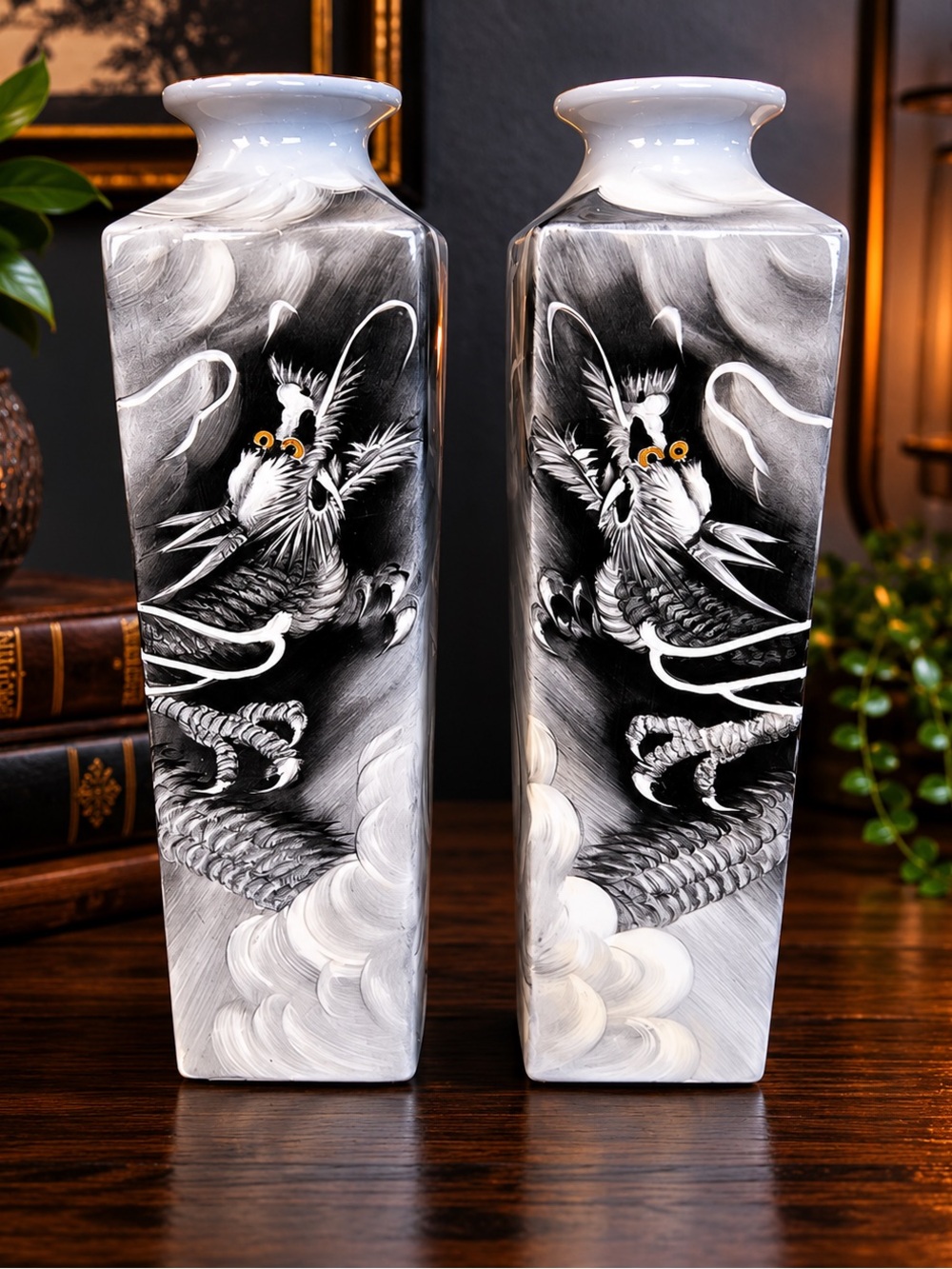 Vintage Noritake Nippon Toki Kaisha Hand Painted Dragon Vases